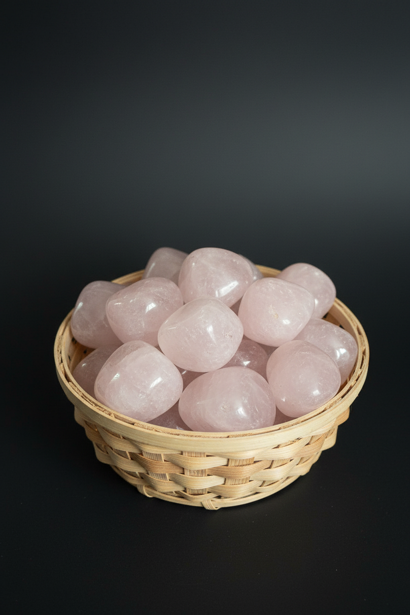 Rosenquarz – Korb mit echten Steinen